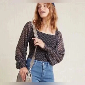 Anthropologie Rouen Blouse W/ Smocked Detail & Sheer Long Sleeves Size XSmall